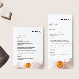Peut inclure: Deux cartes de menu de mariage avec un fond aquarelle dans des tons de brun et d'orange. Les cartes présentent un menu manuscrit avec le titre "helittles" et la date "June 18, 2020". Le menu comprend des entrées, des plats principaux et des desserts.