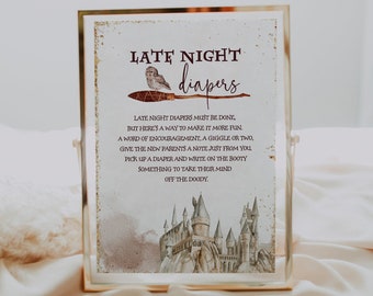 May include: A printable sign with a watercolor illustration of a castle and an owl holding a broom. The text reads "Late Night Diapers" and includes a poem about encouraging new parents.