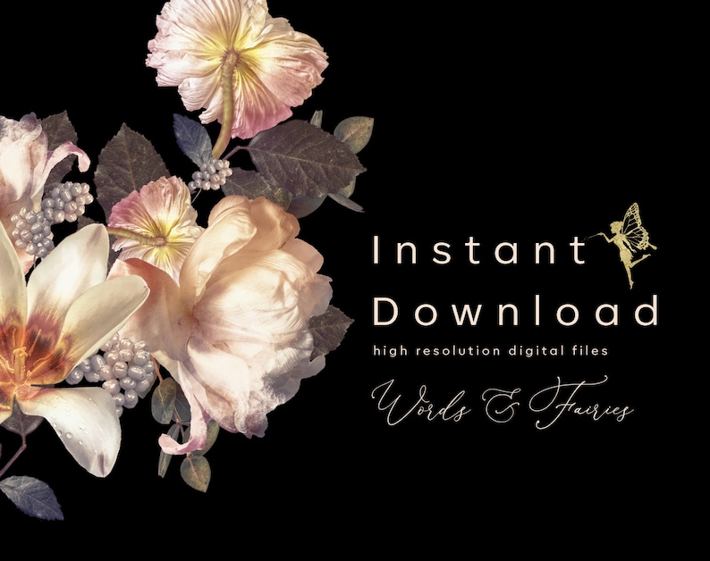 May include: A digital download of floral illustrations with a gold fairy and the text "Instant Download, high resolution digital files, Words & Fairies".