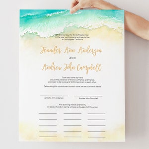 Strand Hochzeit Quaker Heirat Zertifikat Vorlage Gästebuch, Alternative Gästebuch, Moderne Kalligraphie Corjl Instant Download Coral