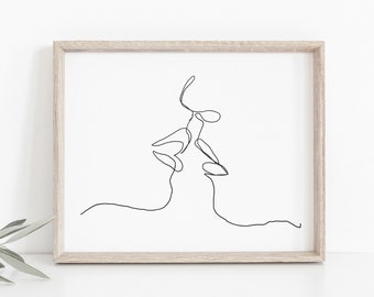Line Drawing Print, Black and White Romantic Kiss, Single Continuous Line Poster, Couple Printable, Printable Wall Art, Modern Minimalist