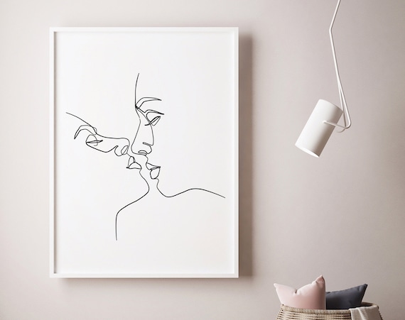 Contemporary Aesthetic Continuous Line Drawing, Romantic Couple Canvas Print