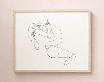 Romantic Couple Line Drawing Print, Black and White, Valentines Art Print Poster, Couple Printable, Printable Wall Art, Modern Minimalist
