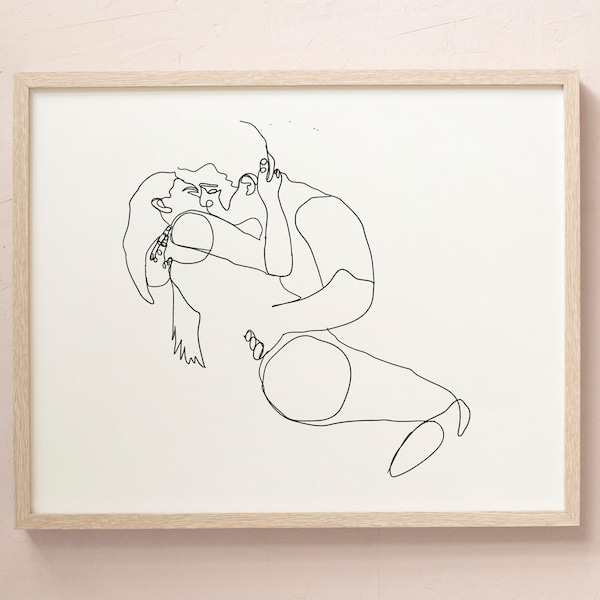 Romantic Couple Line Drawing Print, Black and White, Valentines Art Print Poster, Couple Printable, Printable Wall Art, Modern Minimalist