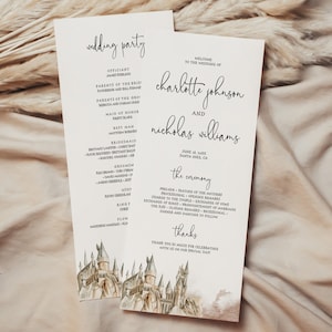 May include: Wedding ceremony program with a watercolor illustration of Hogwarts castle. The program lists the officiant, wedding party, and ceremony order. The wedding is for Charlotte Johnson and Nicholas Williams, taking place on June 1st, 2023 in Santa Cruz, CA.