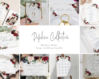 May include: A collection of wedding stationery with floral and gold accents. Includes invitations, table cards, menus, and a welcome sign. The text "Daphne Collection" and "Modern Boho" are visible.