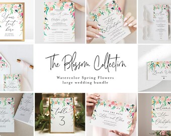 May include: A collection of wedding stationery featuring watercolor spring flowers. The set includes invitations, menus, table cards, and signage with gold frames. The text "The Blossom Collection" is displayed in elegant script.