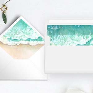Mall för strandbröllop, havsstranddesign, tropiska kuvertinlägg med spetsiga och fyrkantiga flik, utskrivbara kuvertinlägg Corjl Coral bild 2
