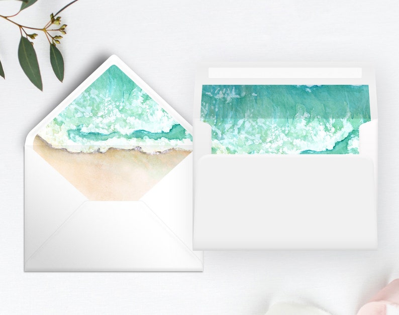 Mall för strandbröllop, havsstranddesign, tropiska kuvertinlägg med spetsiga och fyrkantiga flik, utskrivbara kuvertinlägg Corjl Coral bild 2