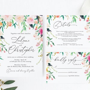 Outdoor Garden Wedding Invitations Suite, Watercolor Floral Wedding Invitation Template, Editable Floral Invitation Set Wedding BLOSSOM