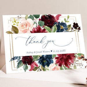 Boho Floral geometrische Dankeschön-Karte Vorlage, editierbare flache und gefaltete Dankeschön-Karte, Boho Hochzeit Dankeschön-Hinweis, Corjl Daphne