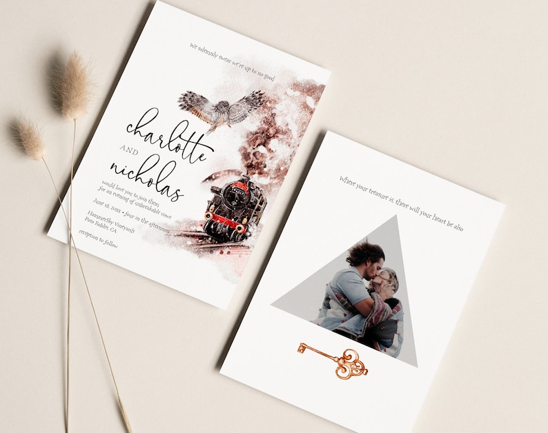 May include: A wedding invitation with a watercolor illustration of an owl and a steam train. The invitation is for Charlotte and Nicholas and includes the date and time of the wedding. The second card has a photo of a couple kissing and a gold key.