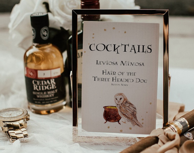 May include: A gold-framed sign with the text "COCKTAILS" and a list of drinks: "LeviOsa Mimosa" and "Hair of the Three Headed Dog (Bloody Mary)". The sign features an illustration of an owl and a cauldron.