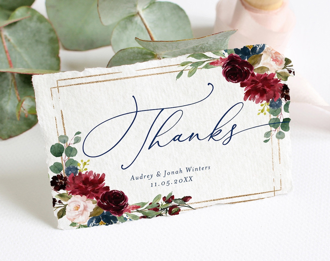 Burgundy Navy Gold Floral Boho Thank You Card Template, Editable Flat ...
