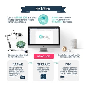 May include: A computer screen shows a website with the text "Corjl" and the words "How It Works". The website explains how to personalize and print digital designs using the Corjl online tool. The image also shows a lamp, a succulent plant, and a white bird figurine.