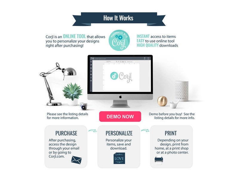 May include: A computer screen shows a website with the text "Corjl" and the words "How It Works". The website explains how to personalize and print digital designs using the Corjl online tool. The image also shows a lamp, a succulent plant, and a white bird figurine.
