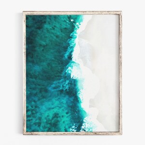 Watercolor Beach Print, Ocean Print, Teal and White Seashore Print, Watercolor Beach Art Printable, Minimalist Wall Art, Instant Download