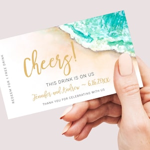Ficha de bebida imprimible para bodas en la playa, plantilla de boleto de bebida, cupón de bebida, barra libre, descarga instantánea, editar con Corjl, CORAL