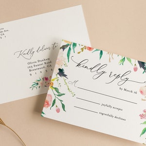 Modèle RSVP printable de mariage extérieur de jardin avec des icônes de choix de repas, carte florale de RSVP, carte de réponse, fleur modifiable de carte de réponse