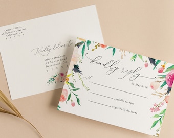 Plantilla RSVP de boda de jardín al aire libre imprimible con iconos de elección de comida, tarjeta RSVP floral, tarjeta de respuesta, tarjeta de respuesta editable BLOSSOM