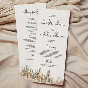 May include: Two wedding programs with elegant calligraphy. The programs list the wedding party, ceremony details, and a thank you message. A watercolor castle design is at the bottom. The programs are on a neutral background.