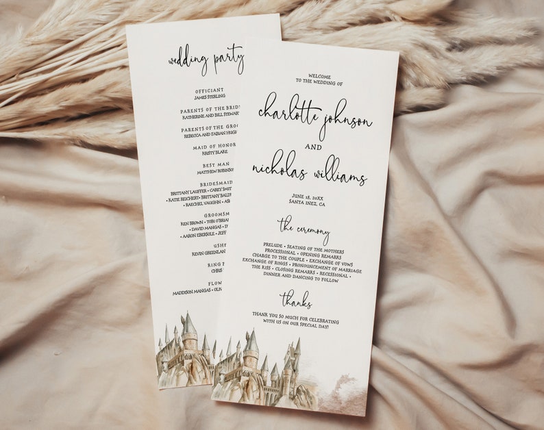 May include: Two wedding programs with elegant calligraphy. The programs list the wedding party, ceremony details, and a thank you message. A watercolor castle design is at the bottom. The programs are on a neutral background.
