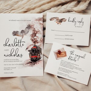 May include: Wedding invitation suite with a watercolor illustration of an owl, train, and envelope. The invitation includes the names "Charlotte and Nicholas" and event details. The suite also includes a reply card and details card.