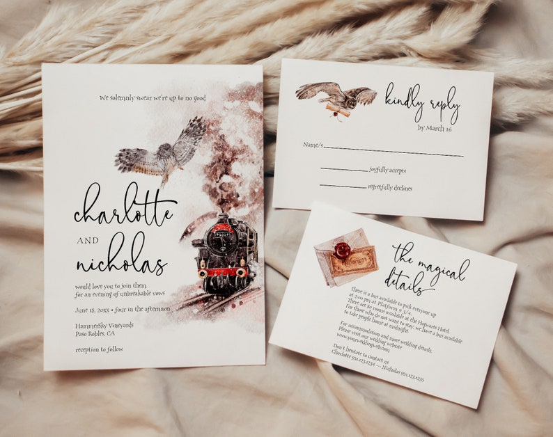 May include: Wedding invitation suite with a watercolor illustration of an owl, train, and envelope. The invitation includes the names "Charlotte and Nicholas" and event details. The suite also includes a reply card and details card.