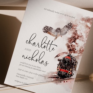 May include: A wedding invitation with a watercolor illustration of an owl and a train. The text reads "We solemnly swear we're up to no good. Charlotte and Nicholas would love you to join them for an evening of unbreakable vows. June 18, 20xx - four in the afternoon. Hammersky Vineyards, Paso Robles, CA. Reception to follow."