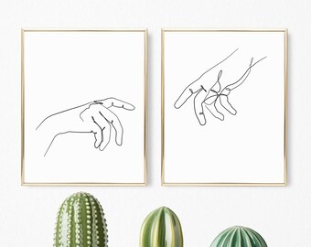 Portrait Touching Hands Set of 2 Printable, Touching Fingers Drawing, Vertical One Line Drawing Hands, Pair of Hands Reaching for Each Other