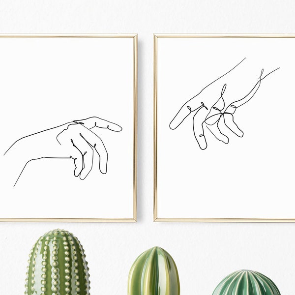 Portrait Touching Hands Set of 2 Printable, Touching Fingers Drawing, Vertical One Line Drawing Hands, Pair of Hands Reaching for Each Other