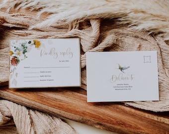 Plantilla de tarjeta RSVP, Tarjeta Rsvp imprimible, Tarjeta Rsvp de boda de flores silvestres, Tarjeta de respuesta floral, Iconos editables de elección de comida, Postal RSVP CALLA
