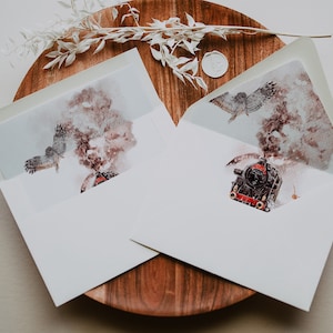 Wizard Thema Bruiloft Envelop Liner Sjablonen, Magische Trein Puntige Vierkante Flap Envelop Liners, Afdrukbare Envelop Liner Corjl Hermelien