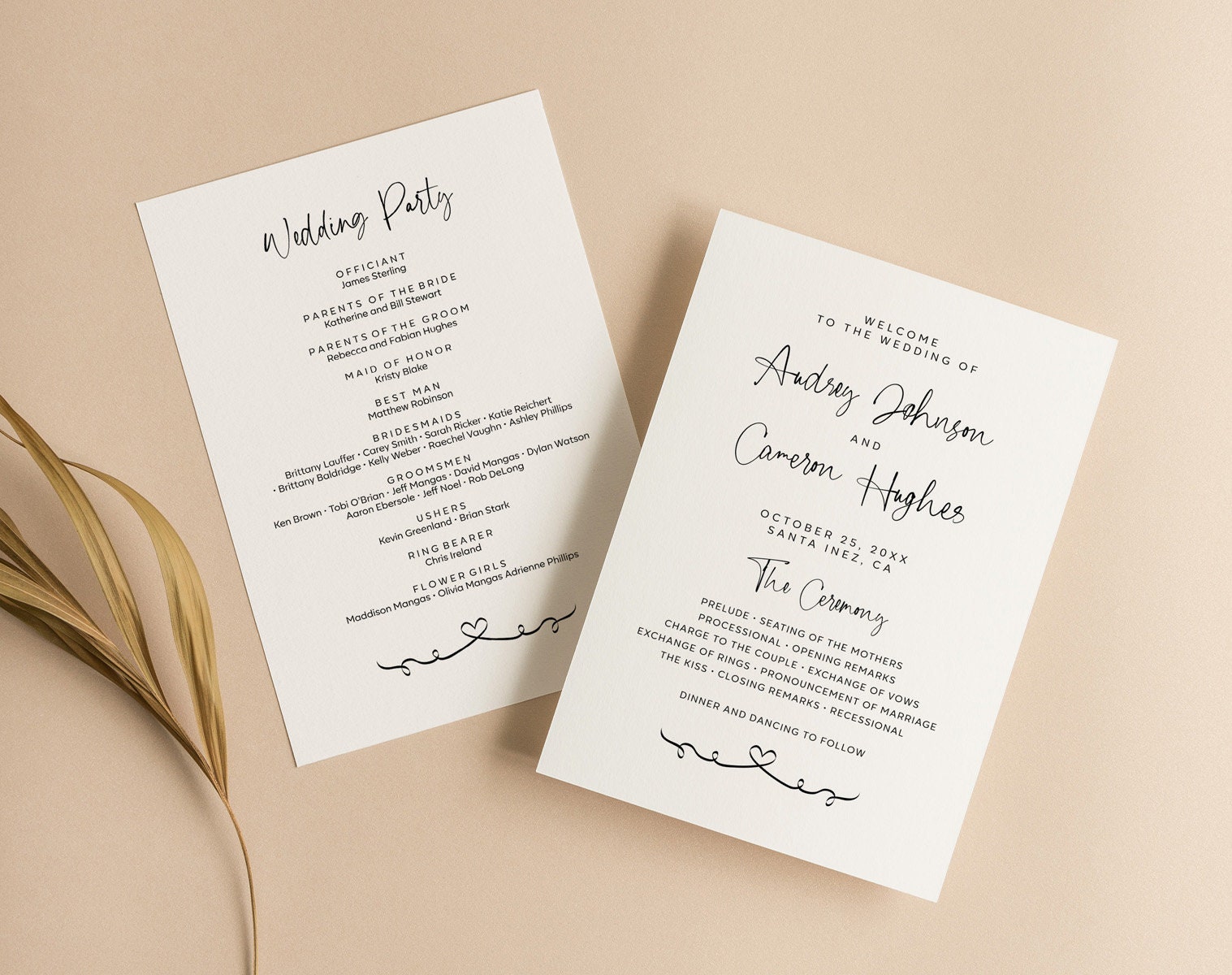 Minimalist 5x7 Double-Sided Wedding Program Template, Modern Calligraphy Wedding Program, Corjl Instant Download AURORA