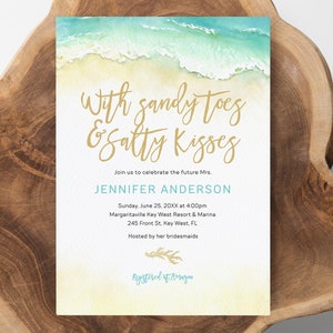 Sandy Toes and Salty Kisses Beach Tropical Watercolor Bridal Shower Invitation Template, Printable Wedding Shower Invite, Sea Shower CORAL