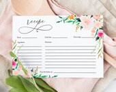 Watercolor Floral Recipe Card, Printable 4x6 Recipe Cards, Bridal Shower Recipe Cards, Greenery Recipe Card, Instant Download, Corjl BLOSSOM