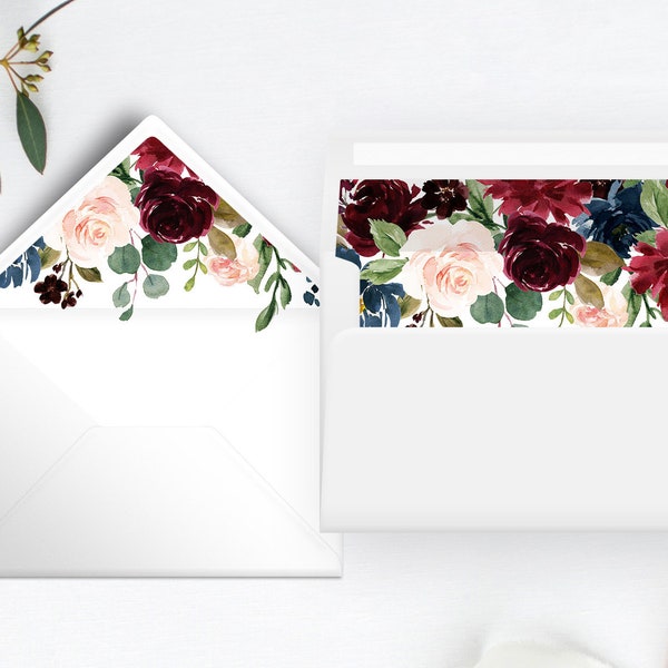 Burgundy Navy Blush Boho Envelope Liner Template, Floral Pointed and Square Flap Envelope Liners, Printable Envelope Liner Corjl Daphne