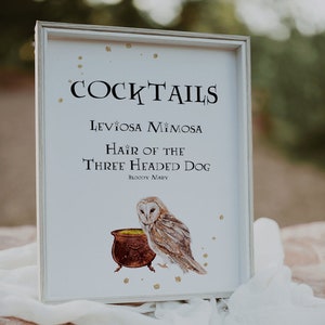 May include: A white framed sign with the text "Cocktails" in black lettering. The sign lists three cocktails: "Levioisa Mimosa", "Hair of the Three Headed Dog (Bloody Mary)", and a drawing of an owl perched on a cauldron.