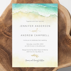 Printable Beach Wedding Invitation, Seashore Tropical Wedding Invitation Template, Editable Destination Wedding Invite Corjl CORAL