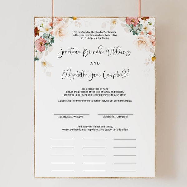 Wildflower Quaker Marriage Certificate Template Guest Book, Alternative Guest Book, Modern Floral Boho Wedding Certificate, Corjl, CALLA