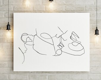 Line Drawing Print, Black and White Romantic Kiss, Single Continuous Line Poster, Couple Printable, Printable Wall Art, Modern Minimalist
