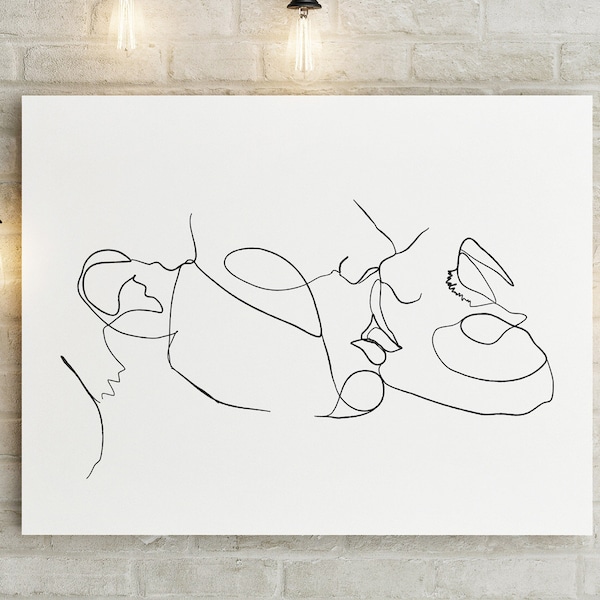 Line Drawing Print, Black and White Romantic Kiss, Single Continuous Line Poster, Couple Printable, Printable Wall Art, Modern Minimalist