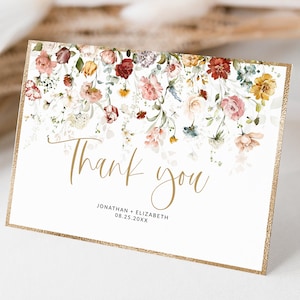 Plantilla de tarjeta de agradecimiento de boda de flor silvestre, tarjeta de agradecimiento plana y doblada editable de 5x3.5, nota de agradecimiento de boda de Boho, Corjl, CALLA