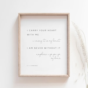 E.E カミングス「I Carry Your Heart With me」、白黒のウェディング詩プリント、詩の引用アート、読書好きへのギフト、即時ダウンロード