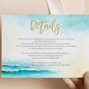 Modelo de cartão de cerco de casamento de praia imprimível, cartão de detalhes editáveis, inserção de convite de casamento de praia, cartão de detalhes Corjl Coral