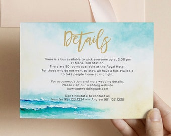Printable Beach Wedding Enclosure Card Template, Editable Details Card, Beach Wedding Invitation Insert, details Card Corjl Coral
