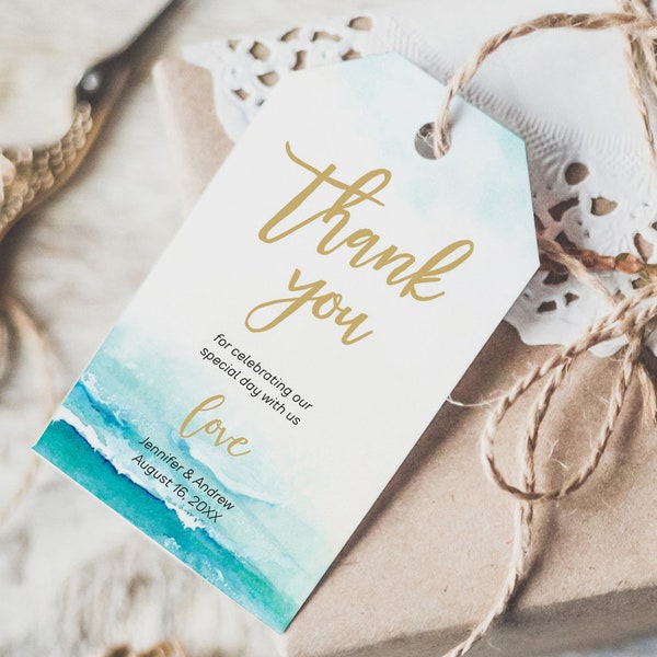 Beach Wedding Sea and Waves Thank You Tag Template, Wedding Favor Tags Imprimable Thank You Tags, Personnalisé Editable Favor Tags Corail