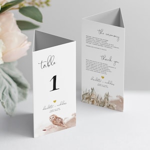 Wizard Wedding Tri-fold Table Number Template, Menu de table tri-pli modifiable, Triangle Table Stand, Corjl Instant Download Hermione