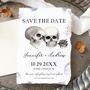 Halloween Save the Date Template, Gothic Engagement card, Skeleton Save the Date, Adults Halloween Save the Date, Corjl Template Morticia