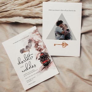 May include: A wedding invitation with a watercolor illustration of a train, an owl, and a key. The invitation is for Charlotte and Nicholas, and it says "where your treasure is, there will your heart be also".